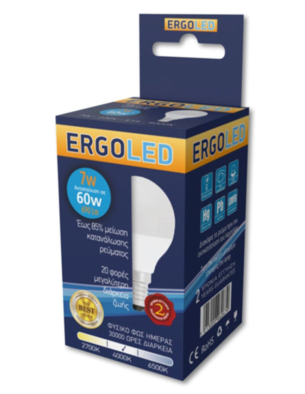 ERGOLED ΛΑΜΠΑ LED ΣΦΑΙΡΙΚΗ Ε14 7W ΦΥΣΙΚΟ ΦΩΣ ΗΜΕΡΑΣ 4000Κ 10ΤΕΜ/DIS- 10DIS/KIB